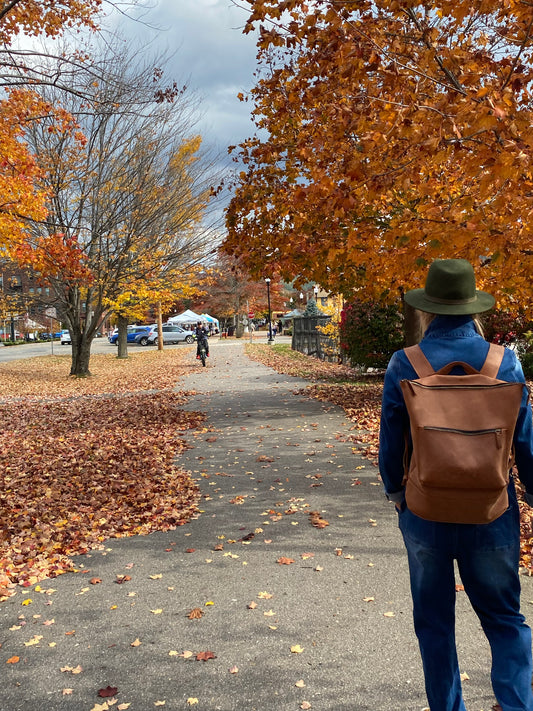 walking down a tree-lined new hampshire sidewalk in the fall