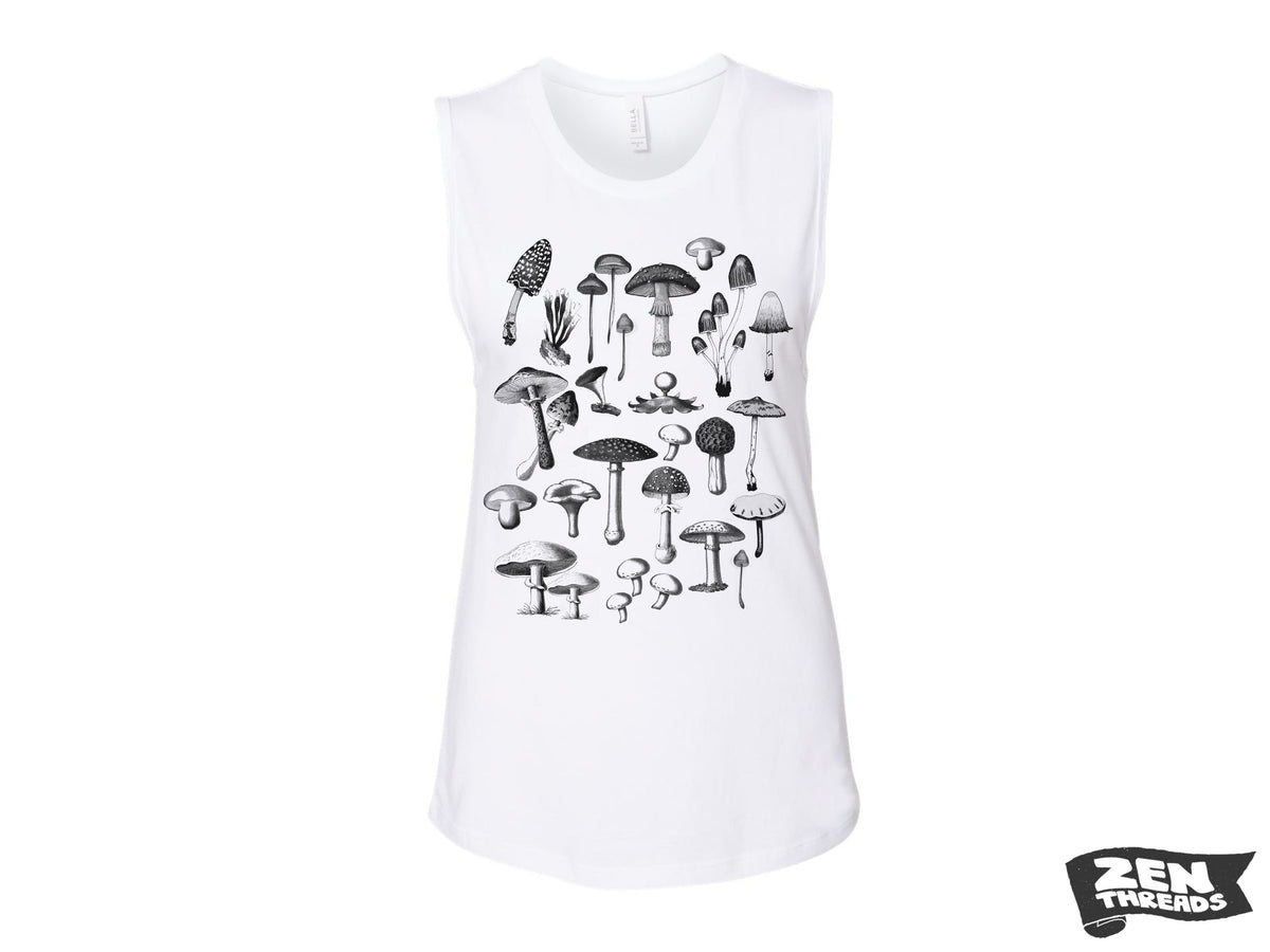 Womens Wild MUSHROOMS muscle racerback tank T-Shirt printed tee Bella Canvas shirt ladies fungi foraging hiking camping yoga fitness top tee