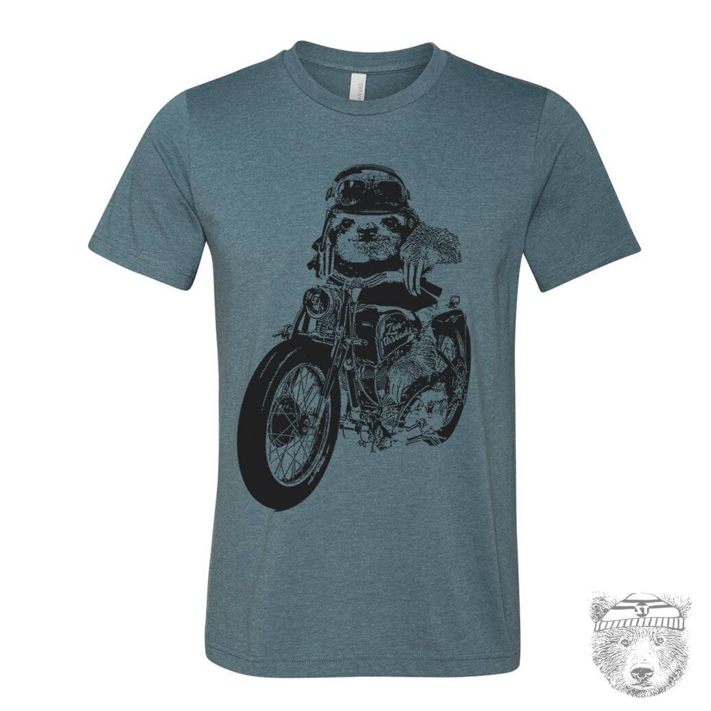 MOTO SLOTH Unisex T Shirt Bella Canvas mens women's custom color printed tee Costa Rica motorcycle bike cyclist motor