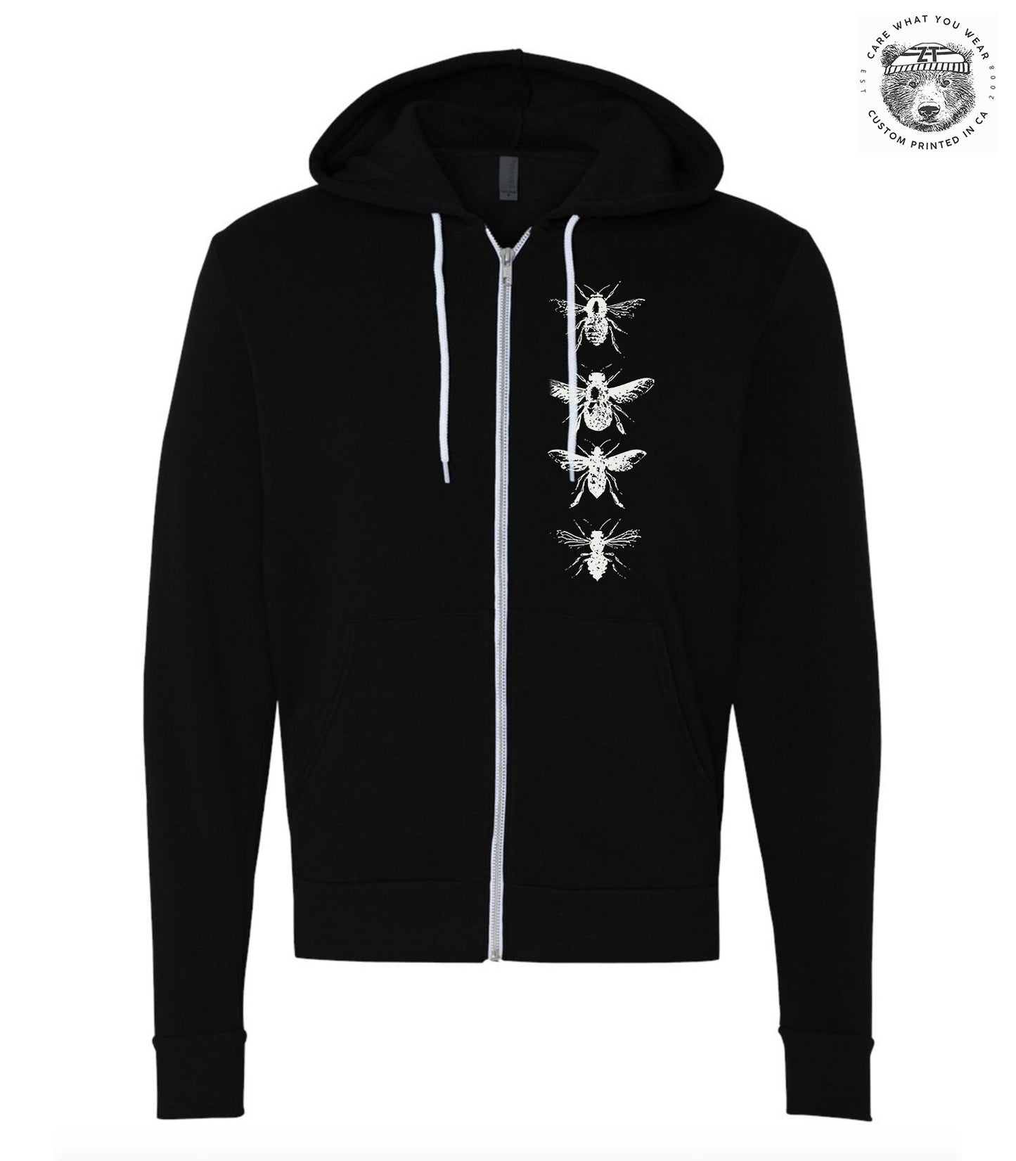 BEES Full Zip Unisex Fleece Zip Hood Sweatshirt + Colors Eco Printed Bella Canvas 3739 beekeeper apiarist apiary honey gift cozy zip hoodie