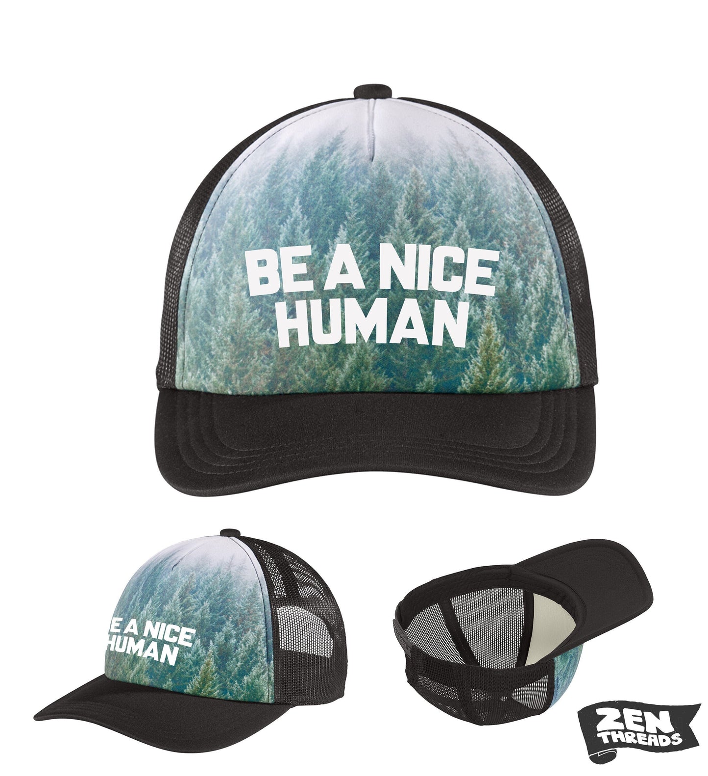 Be a NICE HUMAN Forest Trucker Hat redwood trees cap hat California gift Ships Free