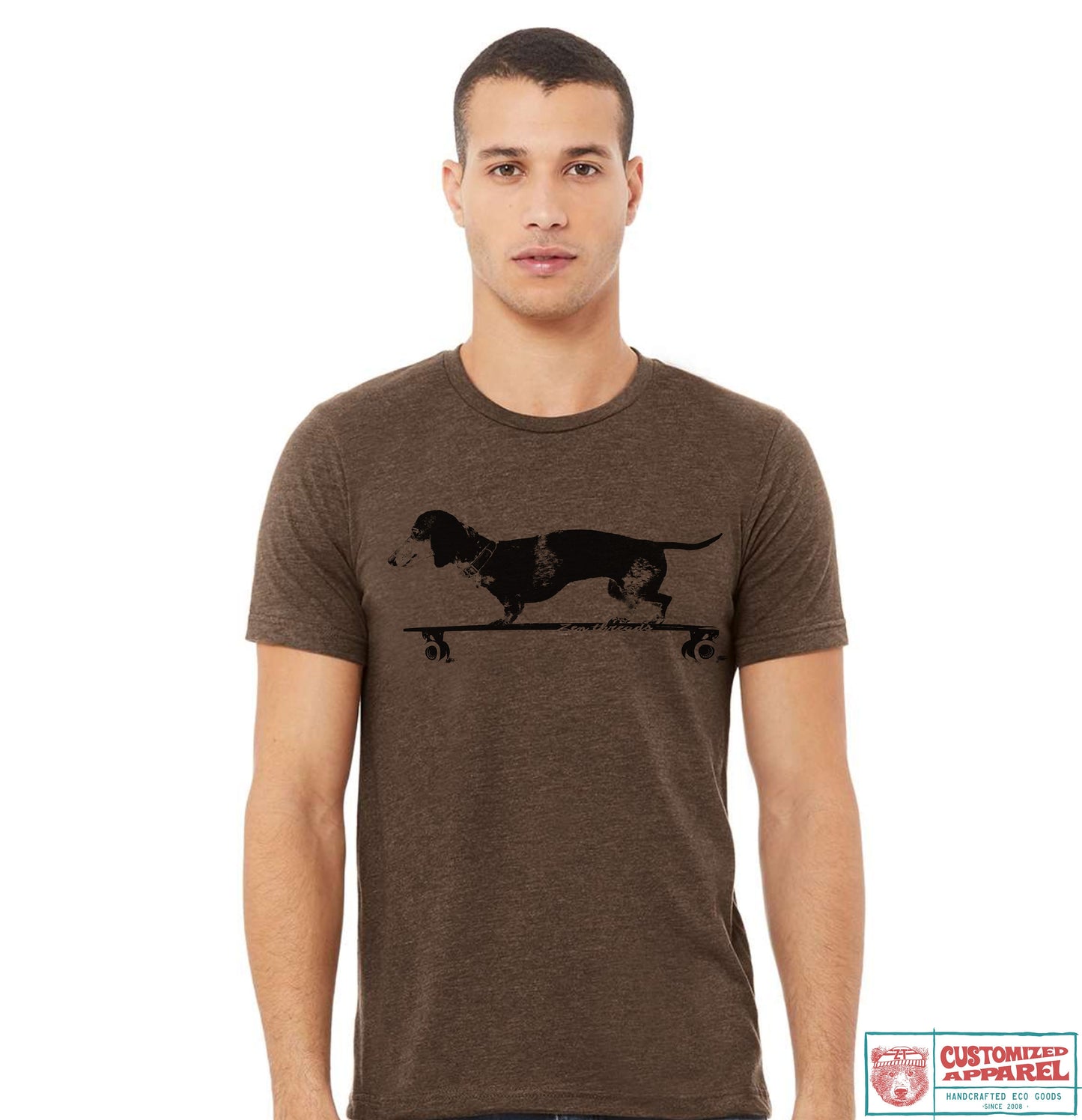 Longboard DACHSHUND Unisex Bella Canvas mens women's t shirt custom color printed tee doxie dog funny animal skater skateboard skating pet