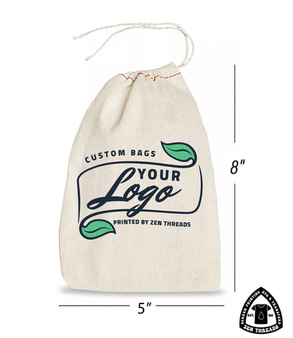 Your Custom Logo! GIFT BAGS Bulk Printed, Small Natural Cotton Eco Reusable Drawstring Cloth for Promo, Crafters, Wedding, Party Favors