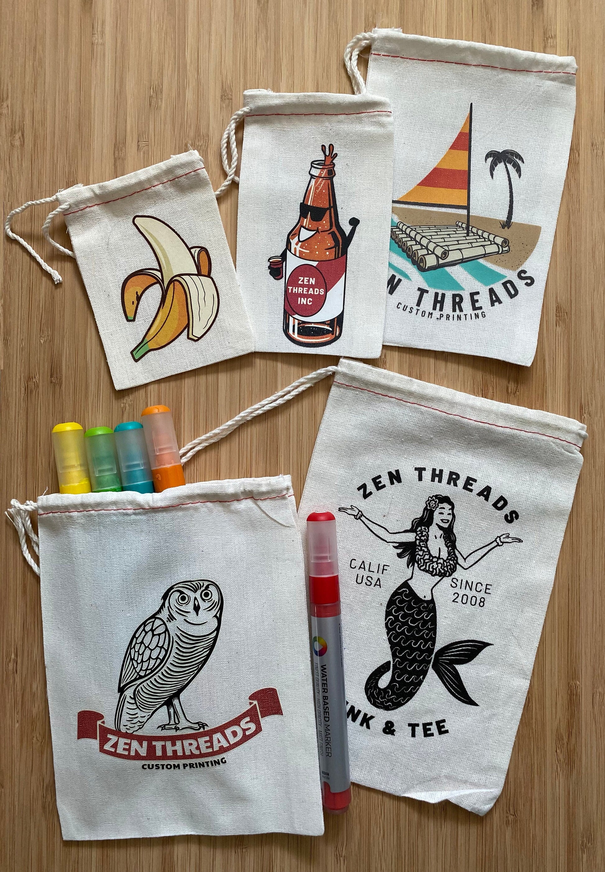 Your Custom Logo! GIFT BAGS Bulk Printed, Small Natural Cotton Eco Reusable Drawstring Cloth for Promo, Crafters, Wedding, Party Favors