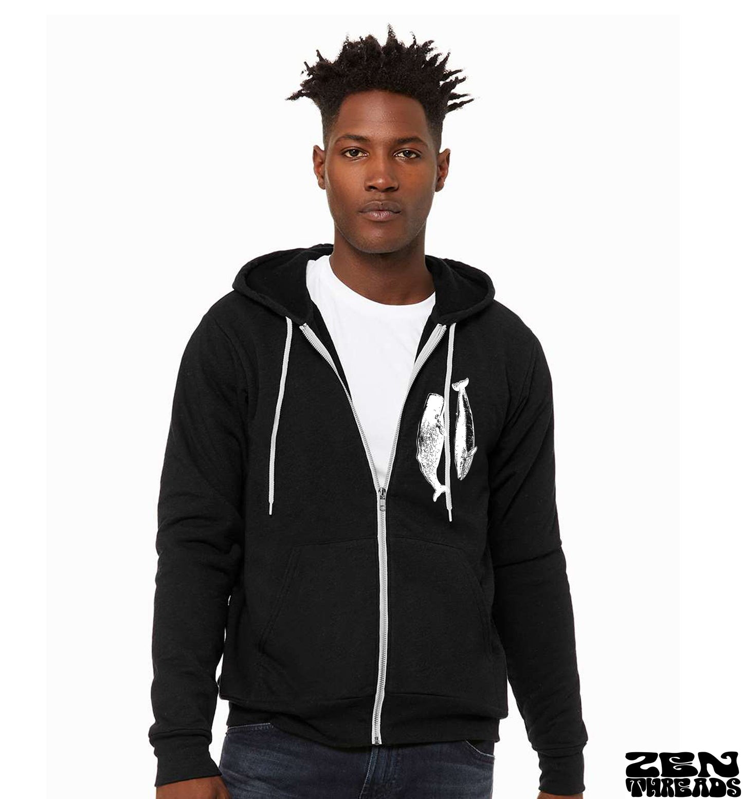 WHALES Classic Unisex Fleece Hoody Printed Zen Threads + Bella Canvas mens women's zipper hoodie hooded whale watching orca humpback beluga
