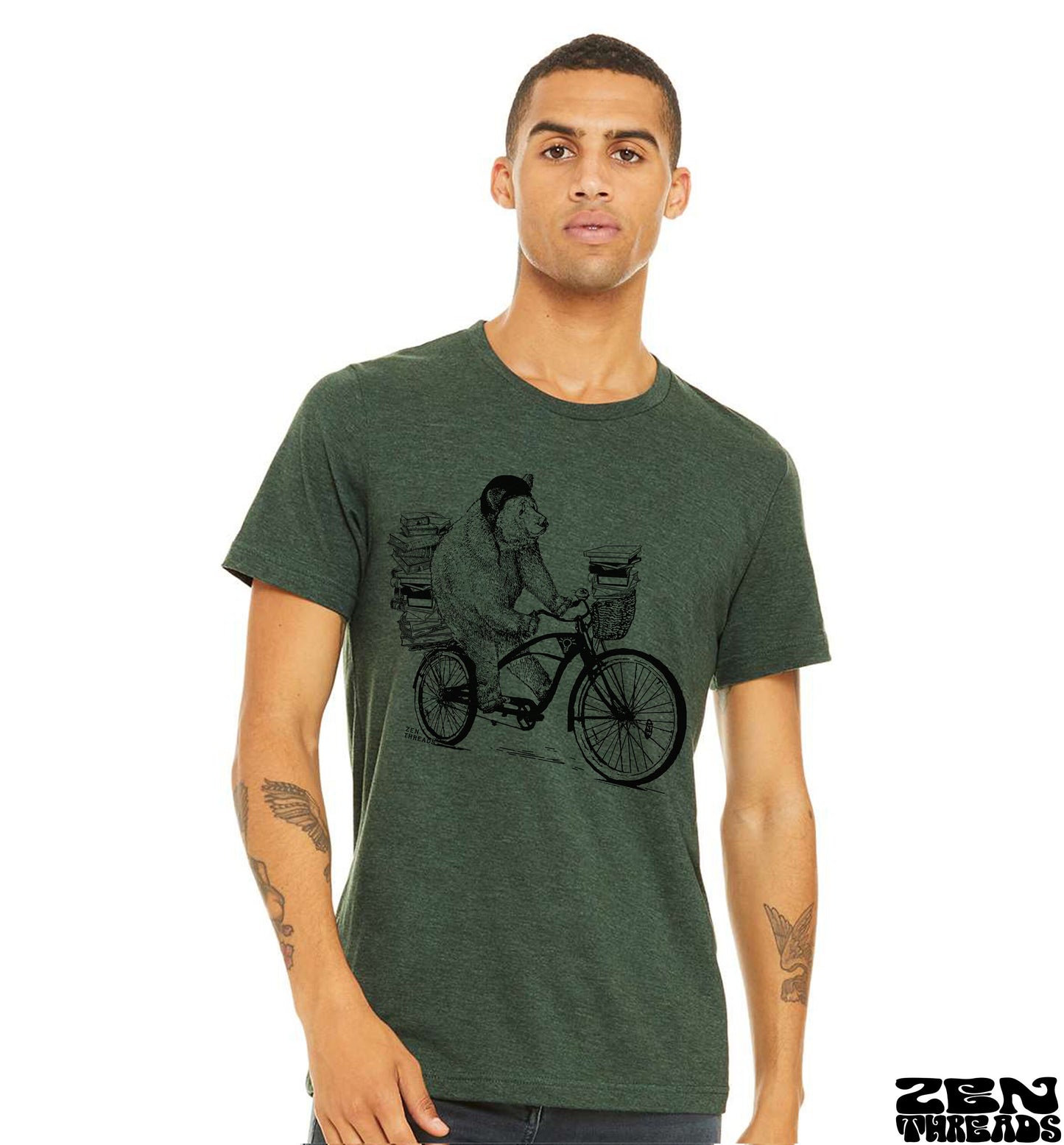 BOOK BEAR unisex mens women's t-shirt eco soft printed custom color Bella Canvas 3001CVC tee school teacher bookworm library bike bicycle