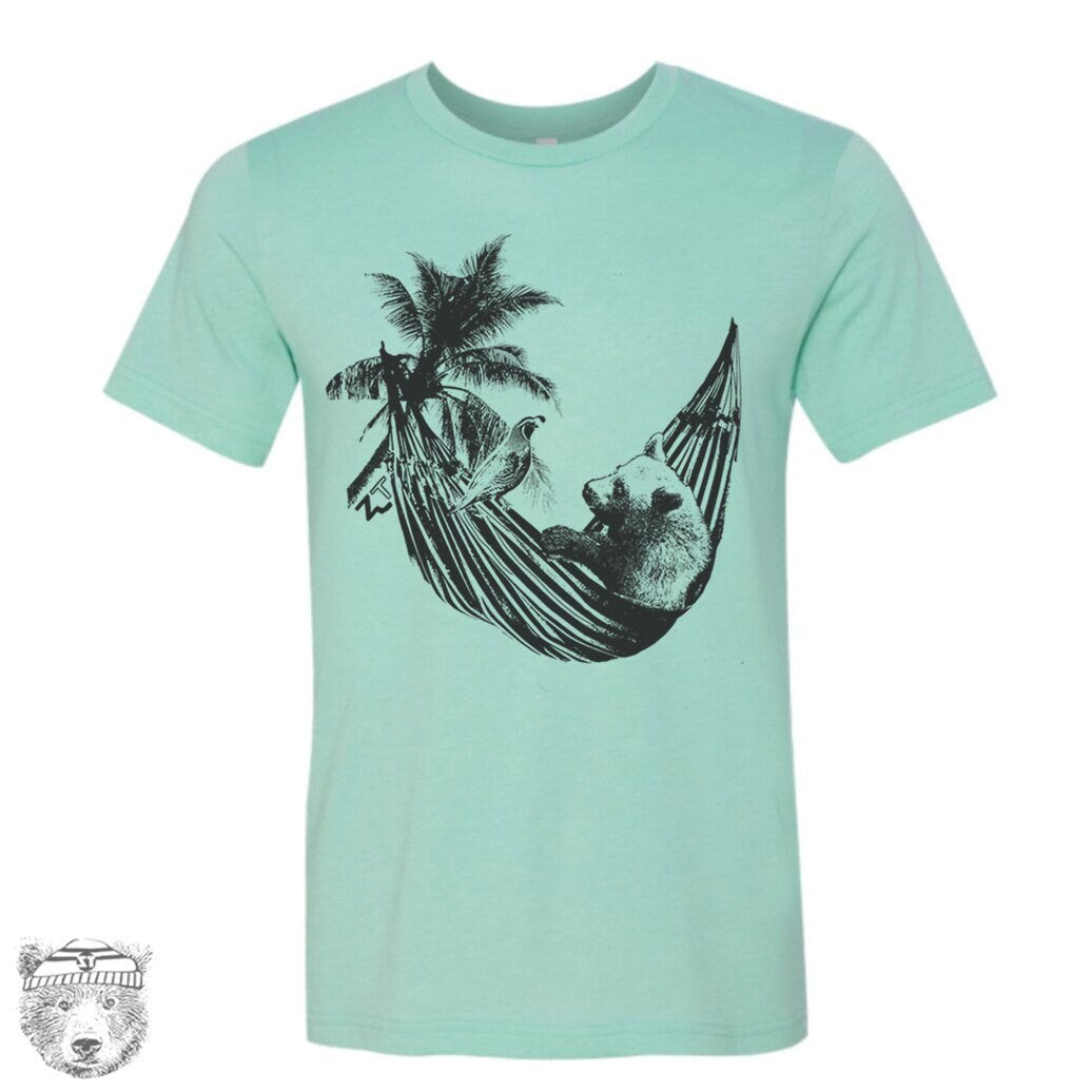 HAMMOCK BEAR Unisex Bella Canvas mens women's beach vacation vibes shirt custom color printed Zen Threads tee travel relaxation fathers day