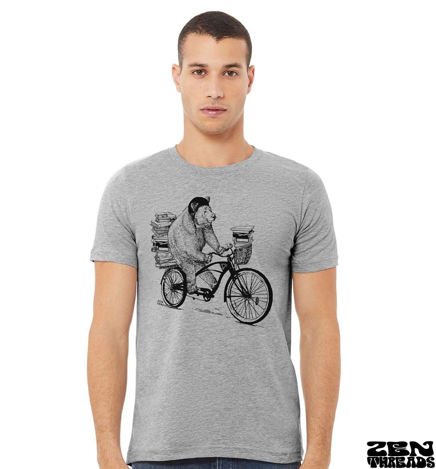 BOOK BEAR unisex mens women's t-shirt eco soft printed custom color Bella Canvas 3001CVC tee school teacher bookworm library bike bicycle