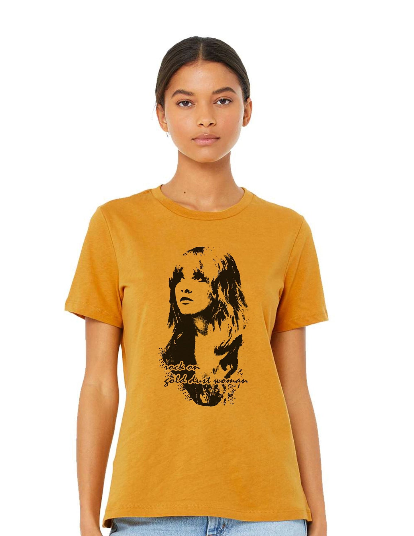 Womens Stevie Gold Dust Woman vintage soft relaxed jersey crew shirt ladies boyfriend fit tee T-shirt Zen Threads + Bella Canvas 6400