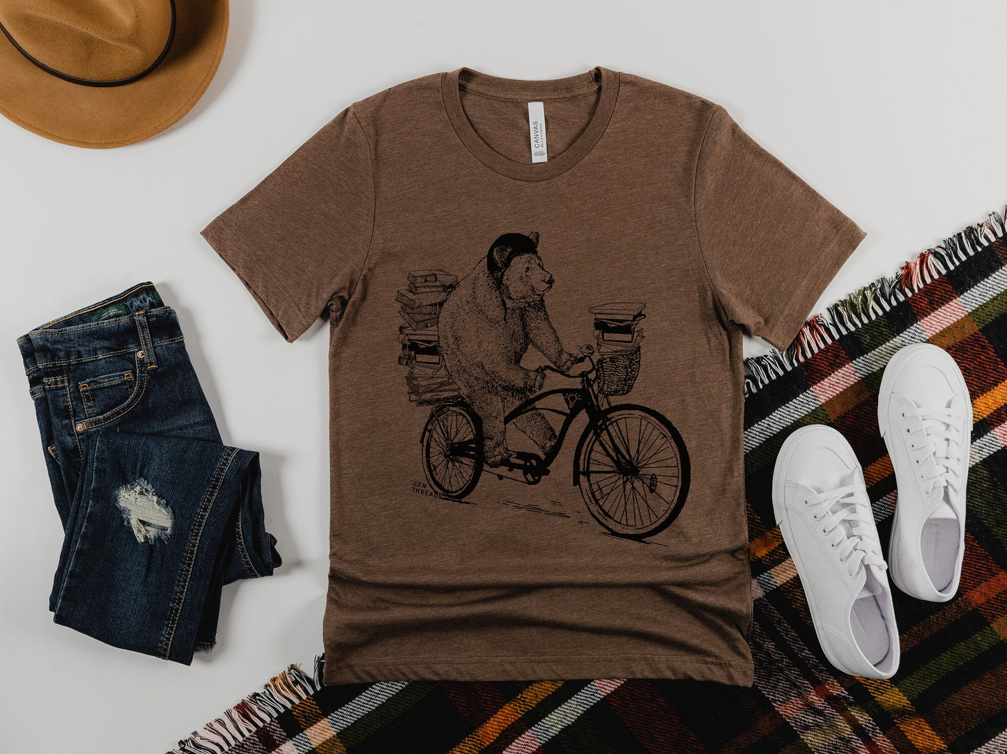 BOOK BEAR unisex mens women's t-shirt eco soft printed custom color Bella Canvas 3001CVC tee school teacher bookworm library bike bicycle