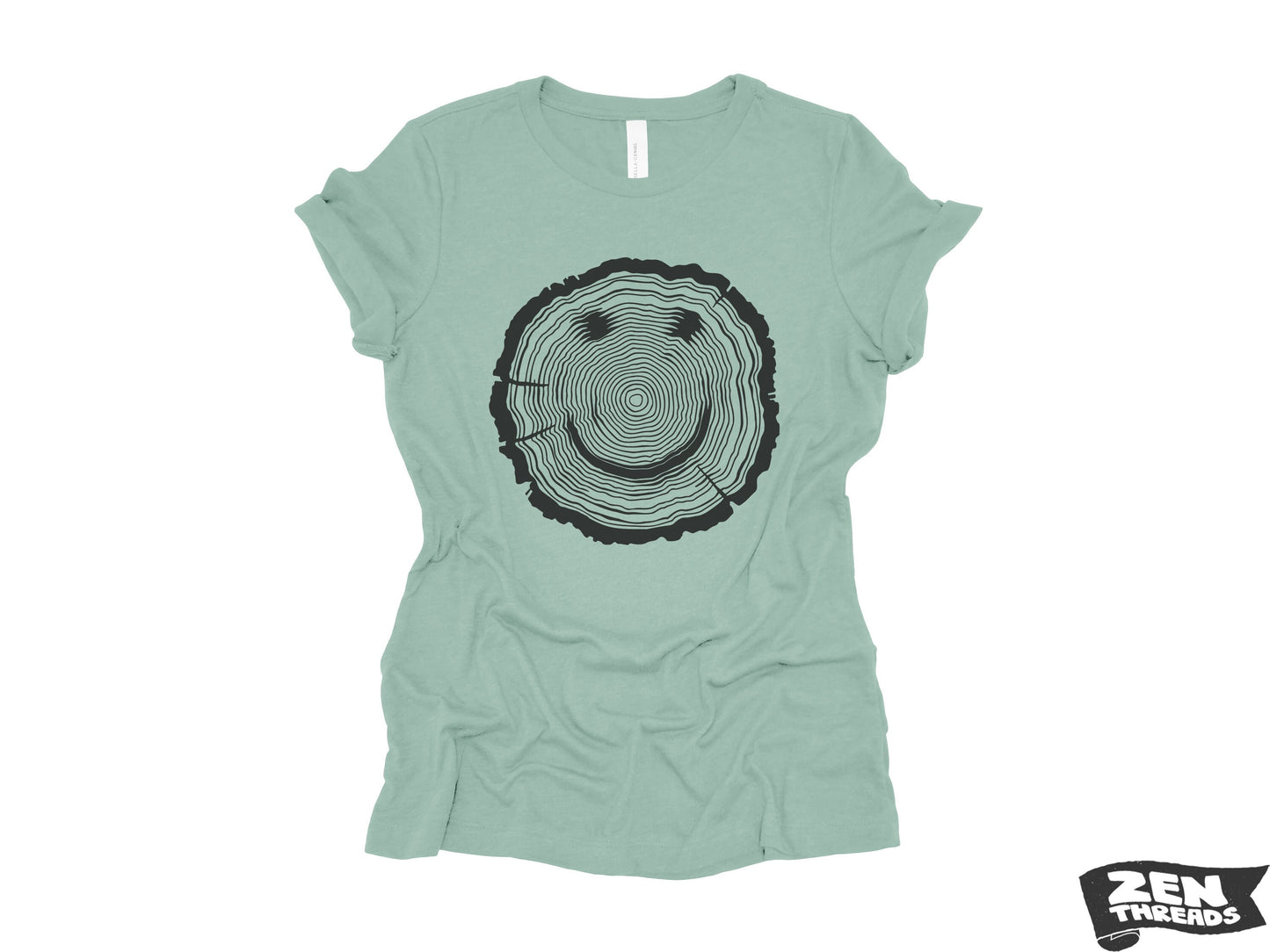 Womens Woodgrain Smiley Face relaxed jersey boyfriend are tee T-shirt Zen Threads + Bella Canvas 6400 eco soft print nature lover
