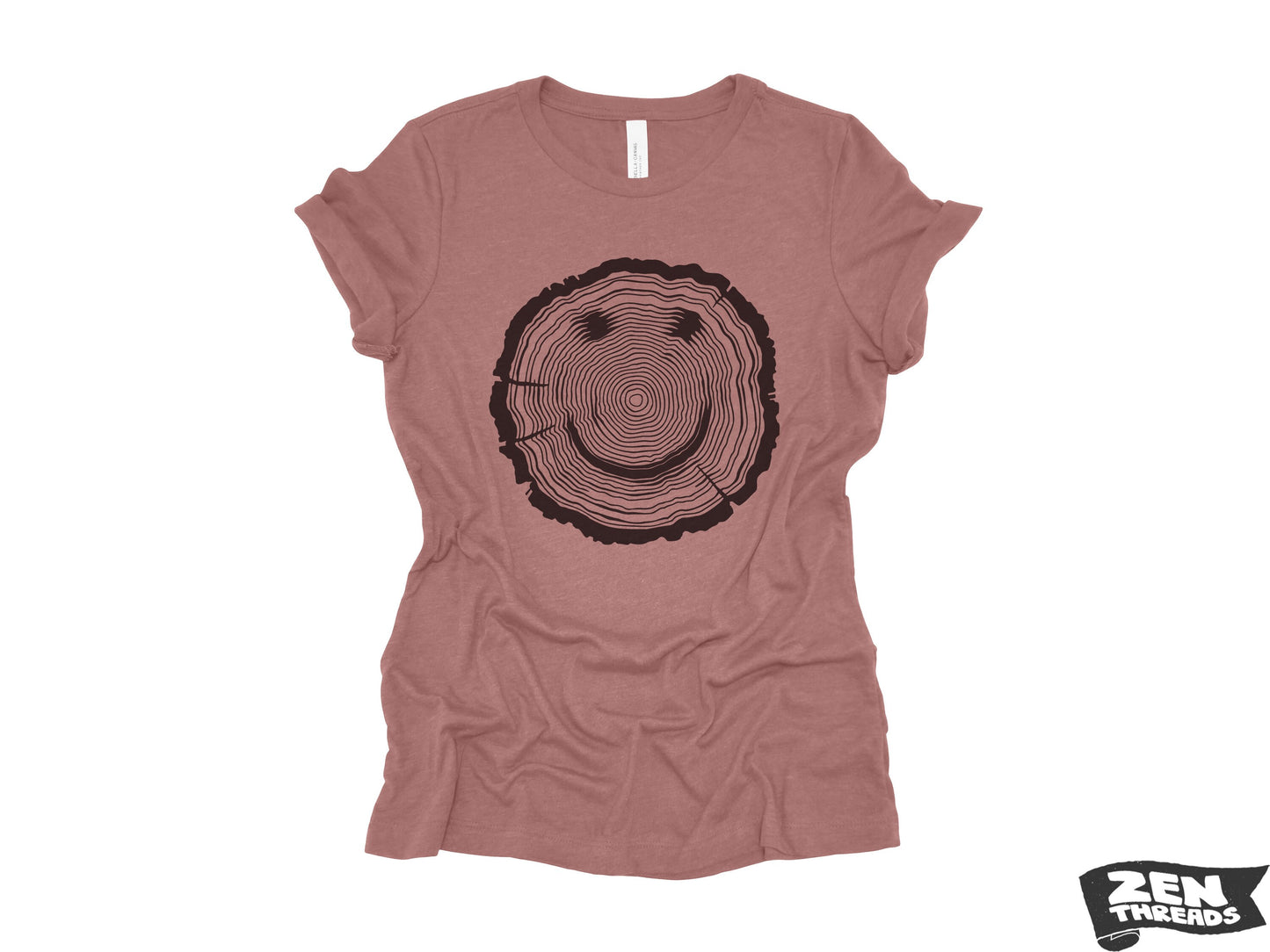 Womens Woodgrain Smiley Face relaxed jersey boyfriend are tee T-shirt Zen Threads + Bella Canvas 6400 eco soft print nature lover