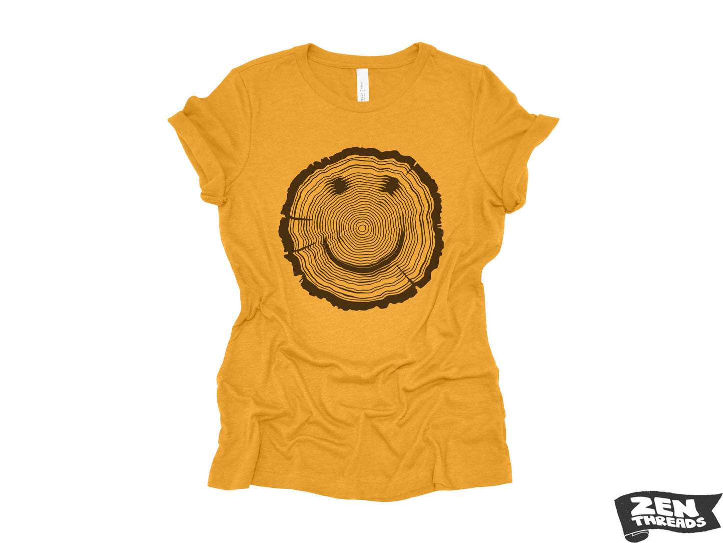 Womens Woodgrain Smiley Face relaxed jersey boyfriend are tee T-shirt Zen Threads + Bella Canvas 6400 eco soft print nature lover