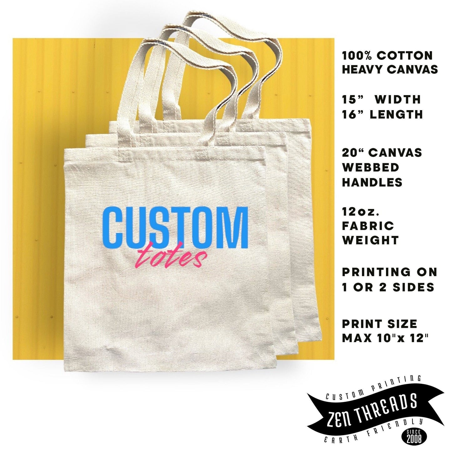 Custom Tote Bags, Cotton Canvas Personalized Eco Friendly Printed, Your Logo Photo Image Text Full Color, Business Wedding Team Promo Gift