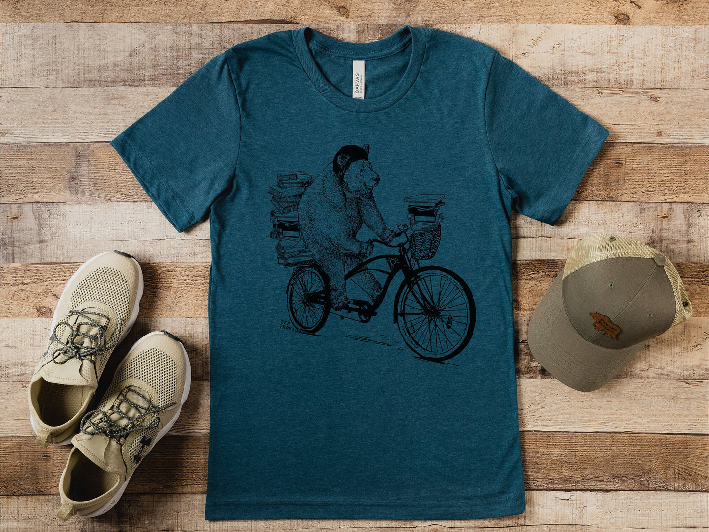 BOOK BEAR unisex mens women's t-shirt eco soft printed custom color Bella Canvas 3001CVC tee school teacher bookworm library bike bicycle