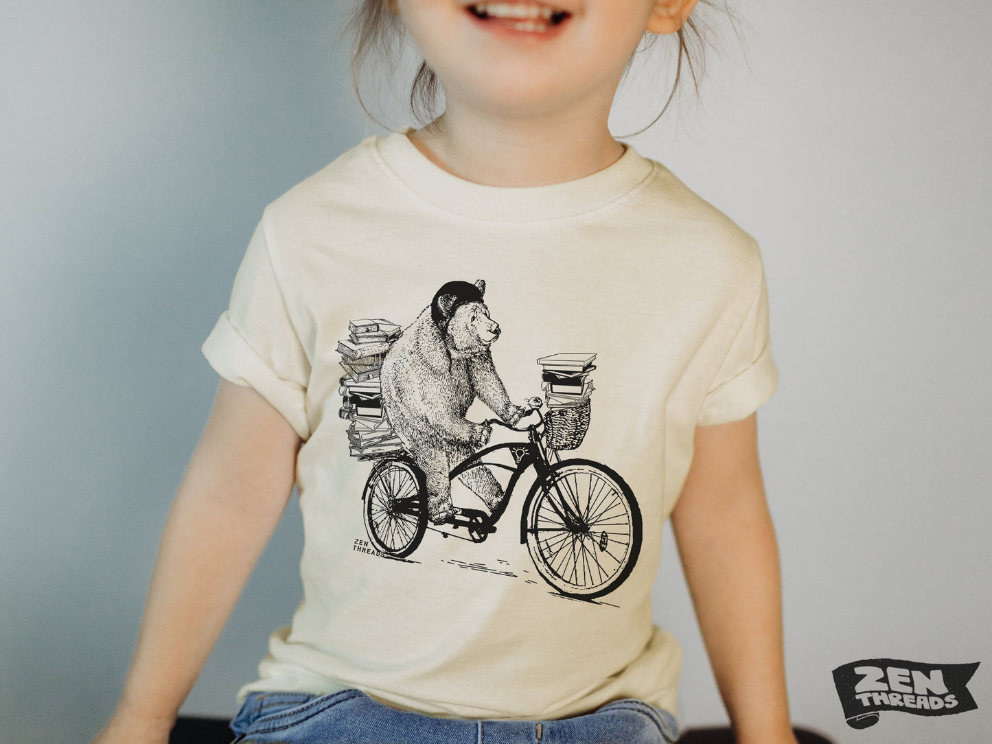 Kids BOOK BEAR Premium vintage soft Tee T-Shirt Fine Jersey T-Shirt (+Colors) zen threads bicycle bike youth toddler library smart student