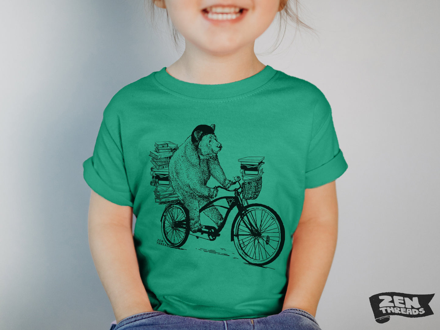 Kids BOOK BEAR Premium vintage soft Tee T-Shirt Fine Jersey T-Shirt (+Colors) zen threads bicycle bike youth toddler library smart student