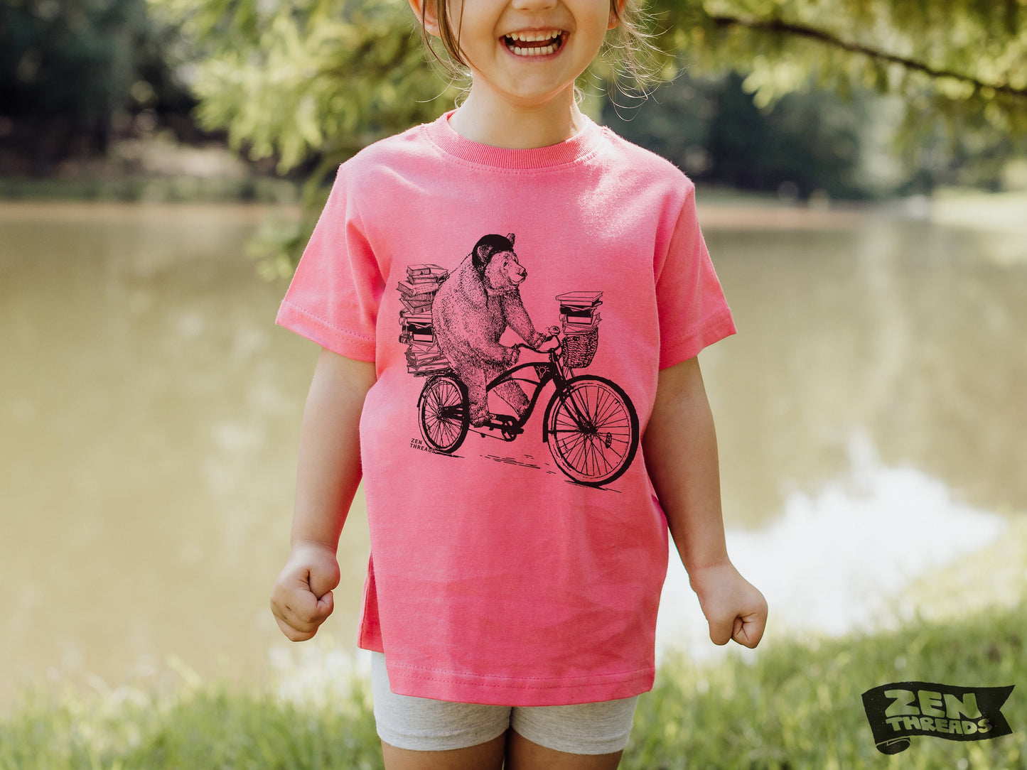 Kids BOOK BEAR Premium vintage soft Tee T-Shirt Fine Jersey T-Shirt (+Colors) zen threads bicycle bike youth toddler library smart student