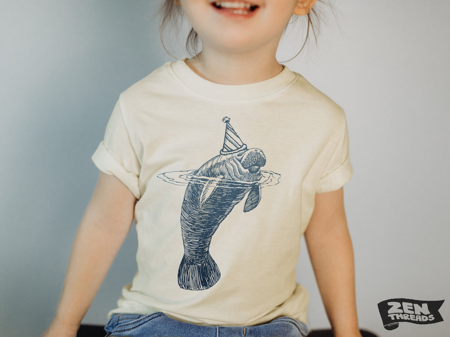 Kids MANATEE Party Hat Premium vintage soft Tee T-Shirt Fine Jersey T-Shirt +Colors youth toddler Florida sea cow whale mammal birthday top