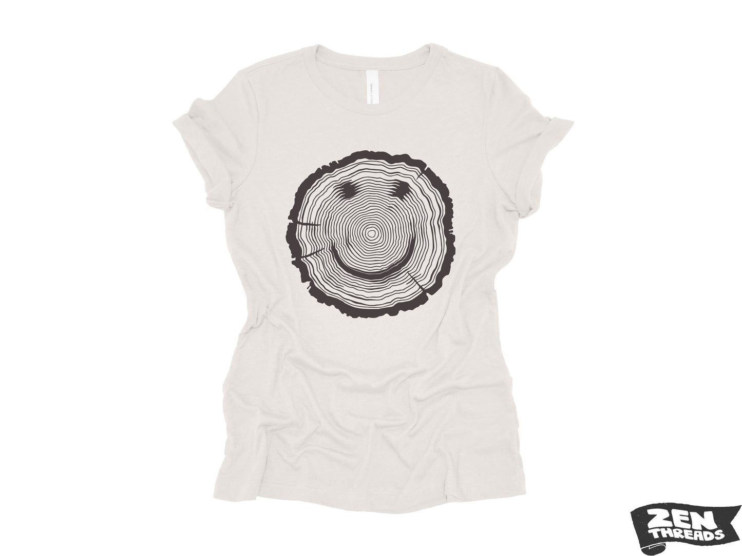Womens Woodgrain Smiley Face relaxed jersey boyfriend are tee T-shirt Zen Threads + Bella Canvas 6400 eco soft print nature lover