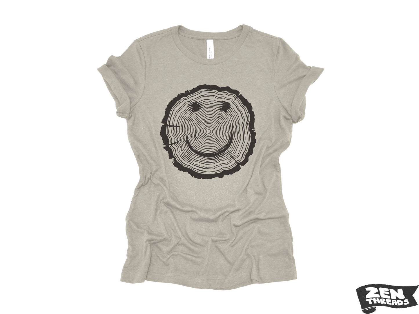 Womens Woodgrain Smiley Face relaxed jersey boyfriend are tee T-shirt Zen Threads + Bella Canvas 6400 eco soft print nature lover