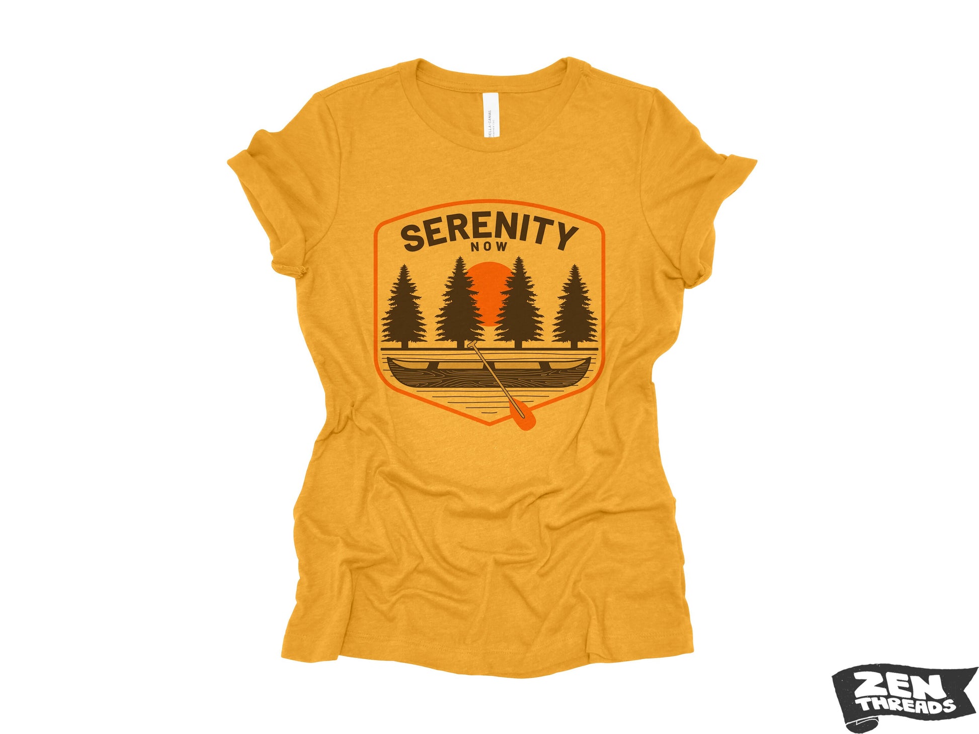 Womens SERENITY Now Boyfriend Tee relaxed jersey T-shirt Zen Threads + Bella Canvas 6400 custom ladies crew camping outdoors kayak paddle