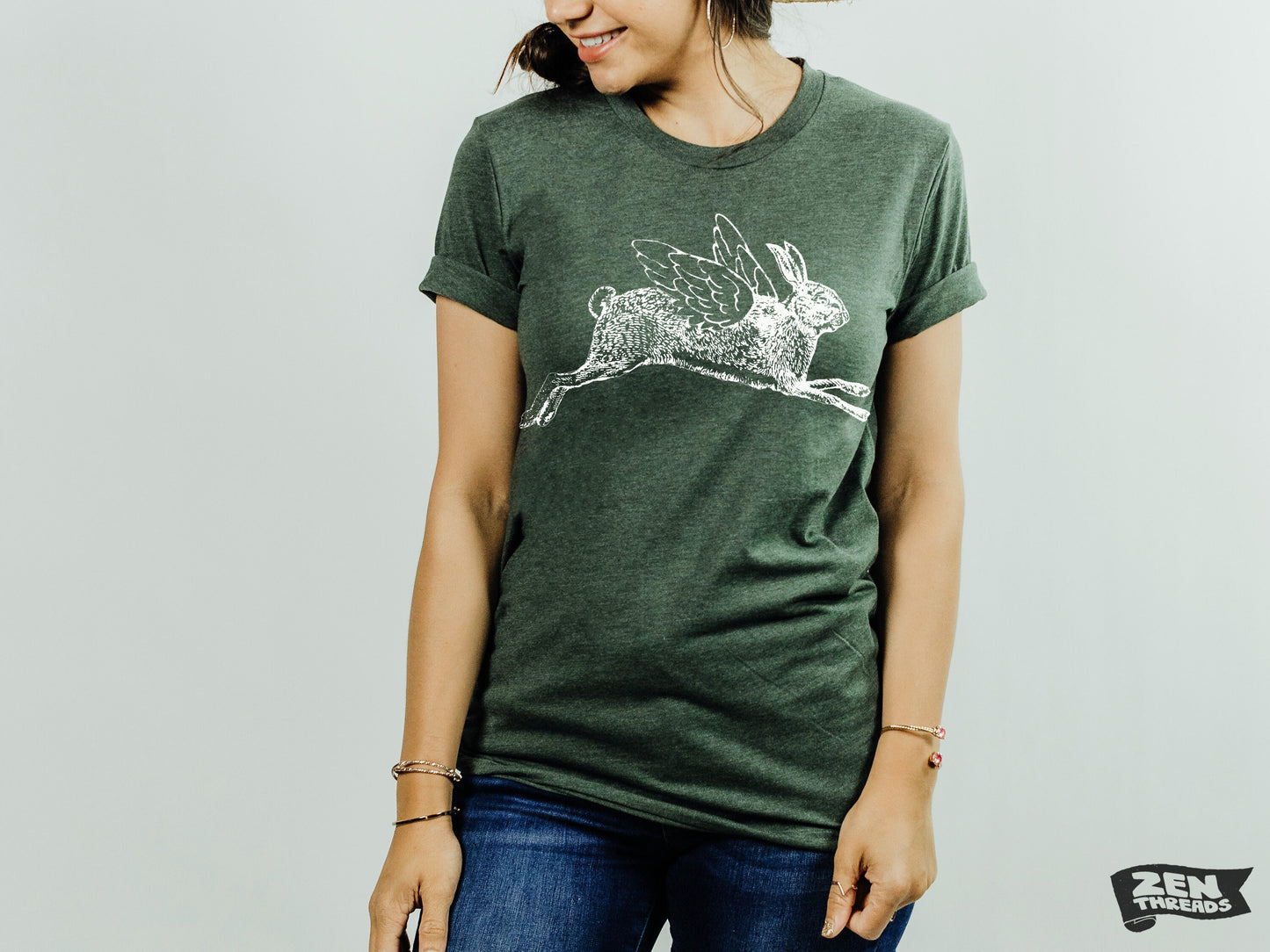 FLYING RABBIT unisex Bella canvas mens women's t shirt Zen Threads custom color printed tee bunny flight fantasy animal funny inspiration
