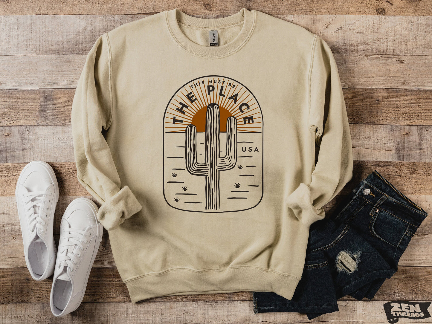 This Must Be the Place Sweatshirt crew neck unisex fit desert parks fleece mens women's camping travel Arizona Texas Utah New Mexico Cali