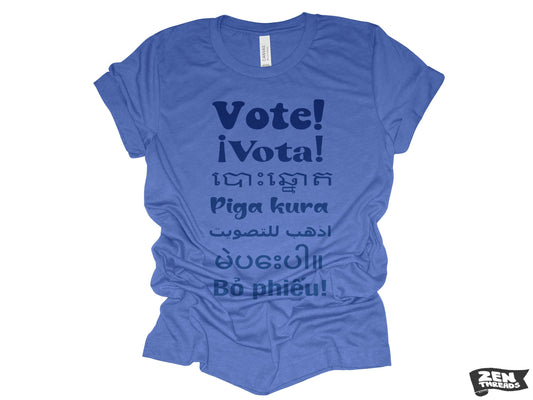 VOTE! !Vota unisex mens women's t shirt eco soft printed custom color Bella Canvas 3001 tee voting day empowerment different languages