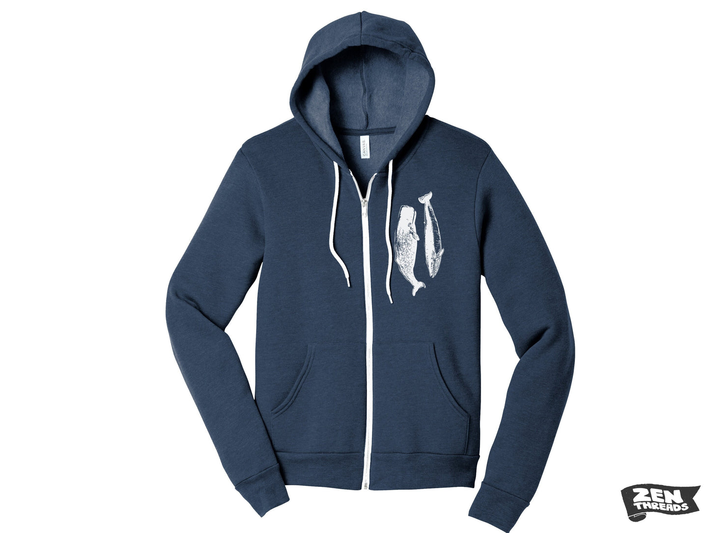 WHALES Classic Unisex Fleece Hoody Printed Zen Threads + Bella Canvas mens women's zipper hoodie hooded whale watching orca humpback beluga