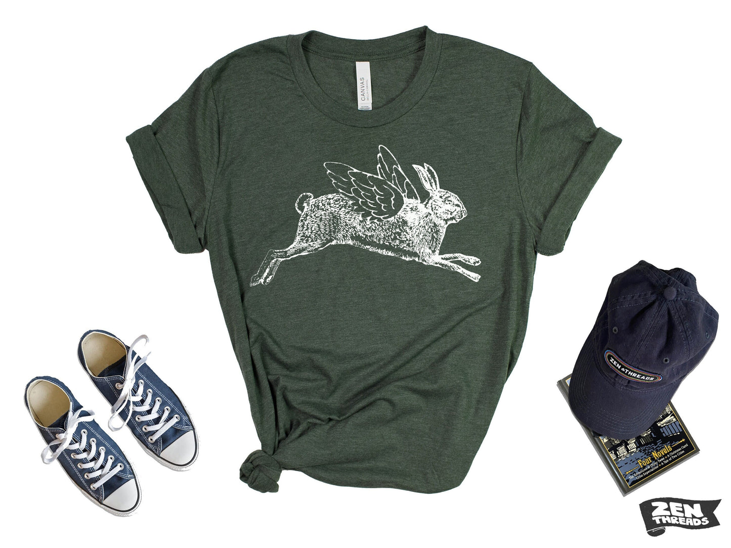 FLYING RABBIT unisex Bella canvas mens women's t shirt Zen Threads custom color printed tee bunny flight fantasy animal funny inspiration