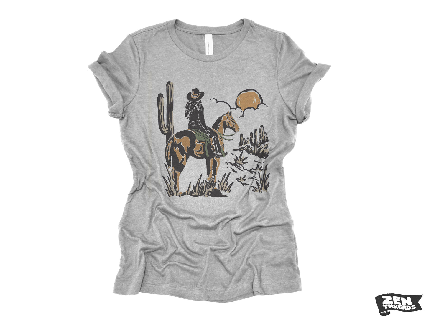 COWGIRL SUNSET Womens Boyfriend Tee relaxed T-shirt Zen Threads Bella Canvas Texas vintage nature texas western desert gift cowboy top