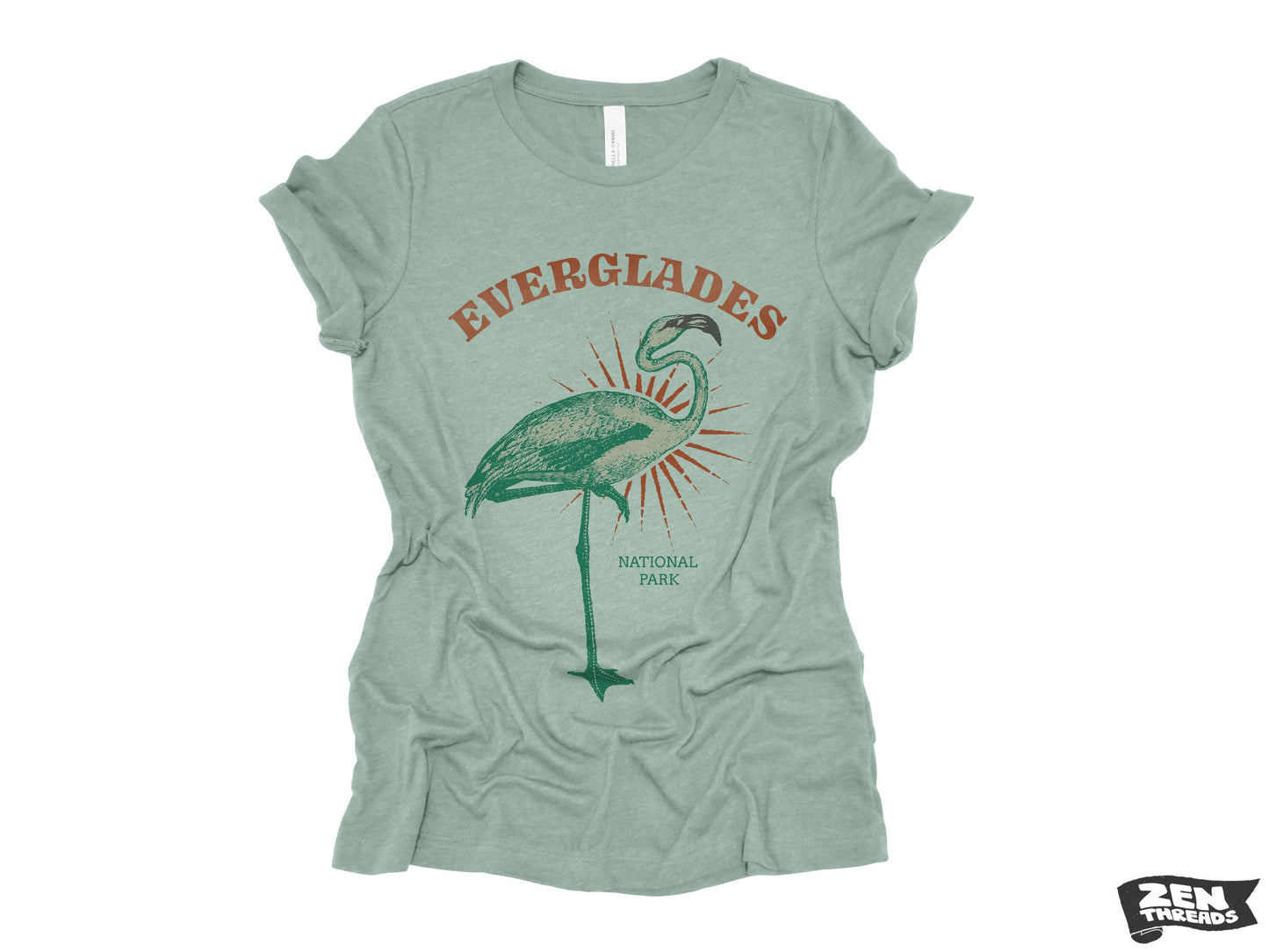 Womens EVERGLADES Boyfriend Tee relaxed jersey T-shirt Zen Threads Bella Canvas 6400 ladies crew neck tee Florida National Park flamingo