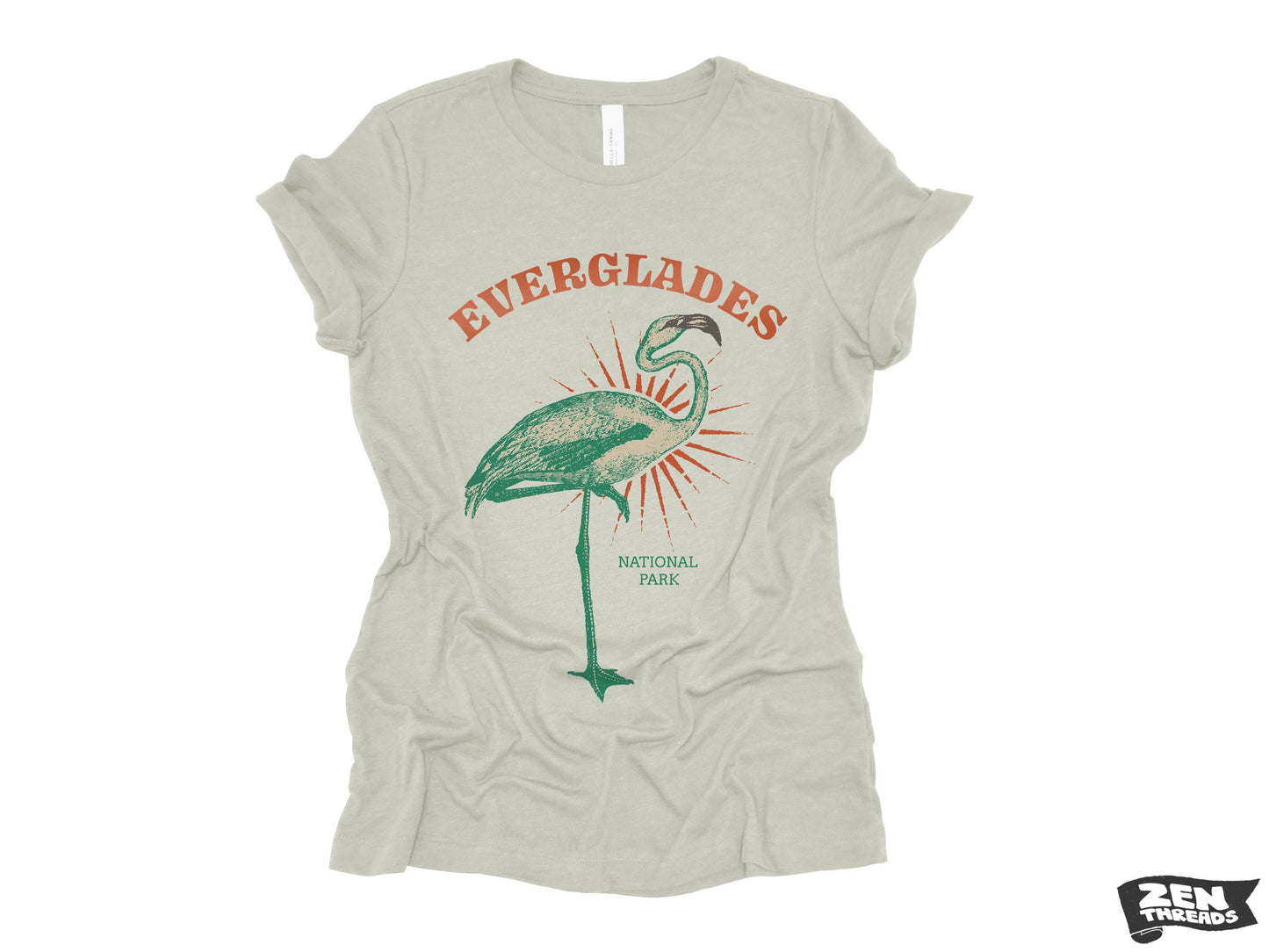 Womens EVERGLADES Boyfriend Tee relaxed jersey T-shirt Zen Threads Bella Canvas 6400 ladies crew neck tee Florida National Park flamingo