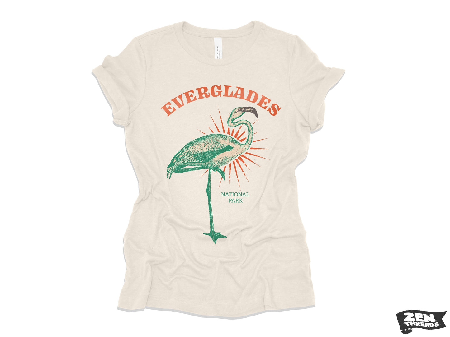 Womens EVERGLADES Boyfriend Tee relaxed jersey T-shirt Zen Threads Bella Canvas 6400 ladies crew neck tee Florida National Park flamingo