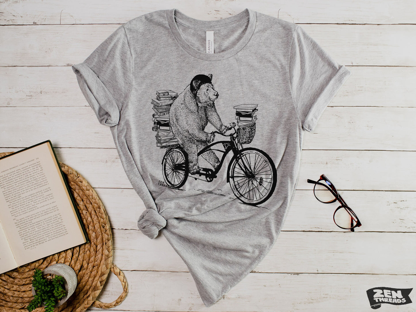 BOOK BEAR unisex mens women's t-shirt eco soft printed custom color Bella Canvas 3001CVC tee school teacher bookworm library bike bicycle