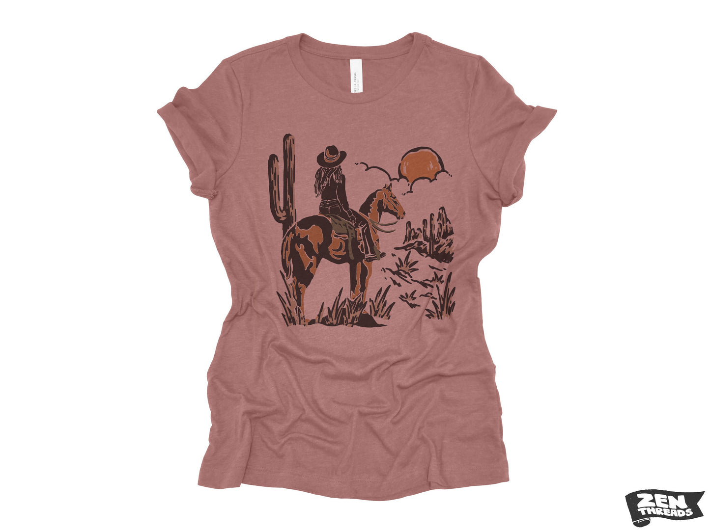 COWGIRL SUNSET Womens Boyfriend Tee relaxed T-shirt Zen Threads Bella Canvas Texas vintage nature texas western desert gift cowboy top