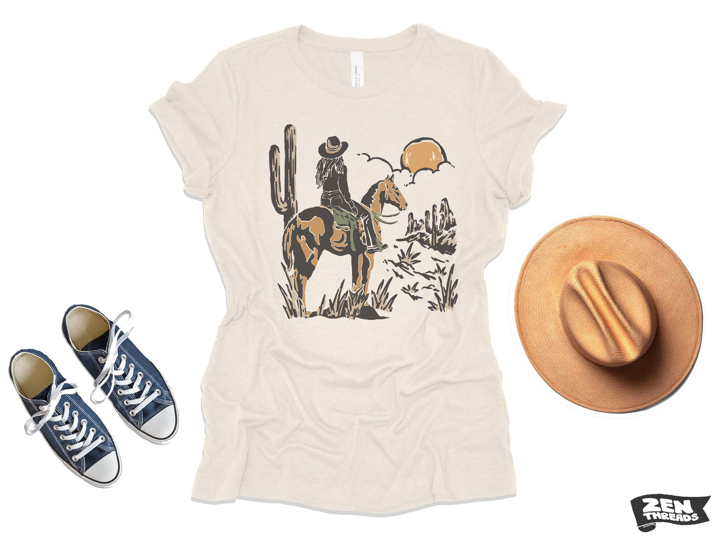 COWGIRL SUNSET Womens Boyfriend Tee relaxed T-shirt Zen Threads Bella Canvas Texas vintage nature texas western desert gift cowboy top