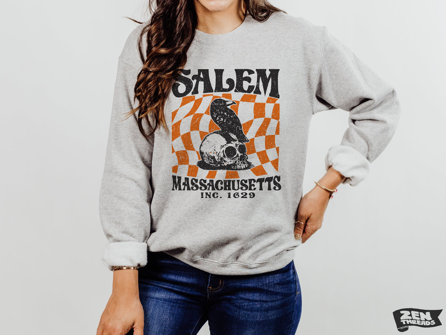 SALEM Massachusetts Sweatshirt crew neck unisex fit fleece mens women's travel New England witch trial vintage crow skull halloween gift