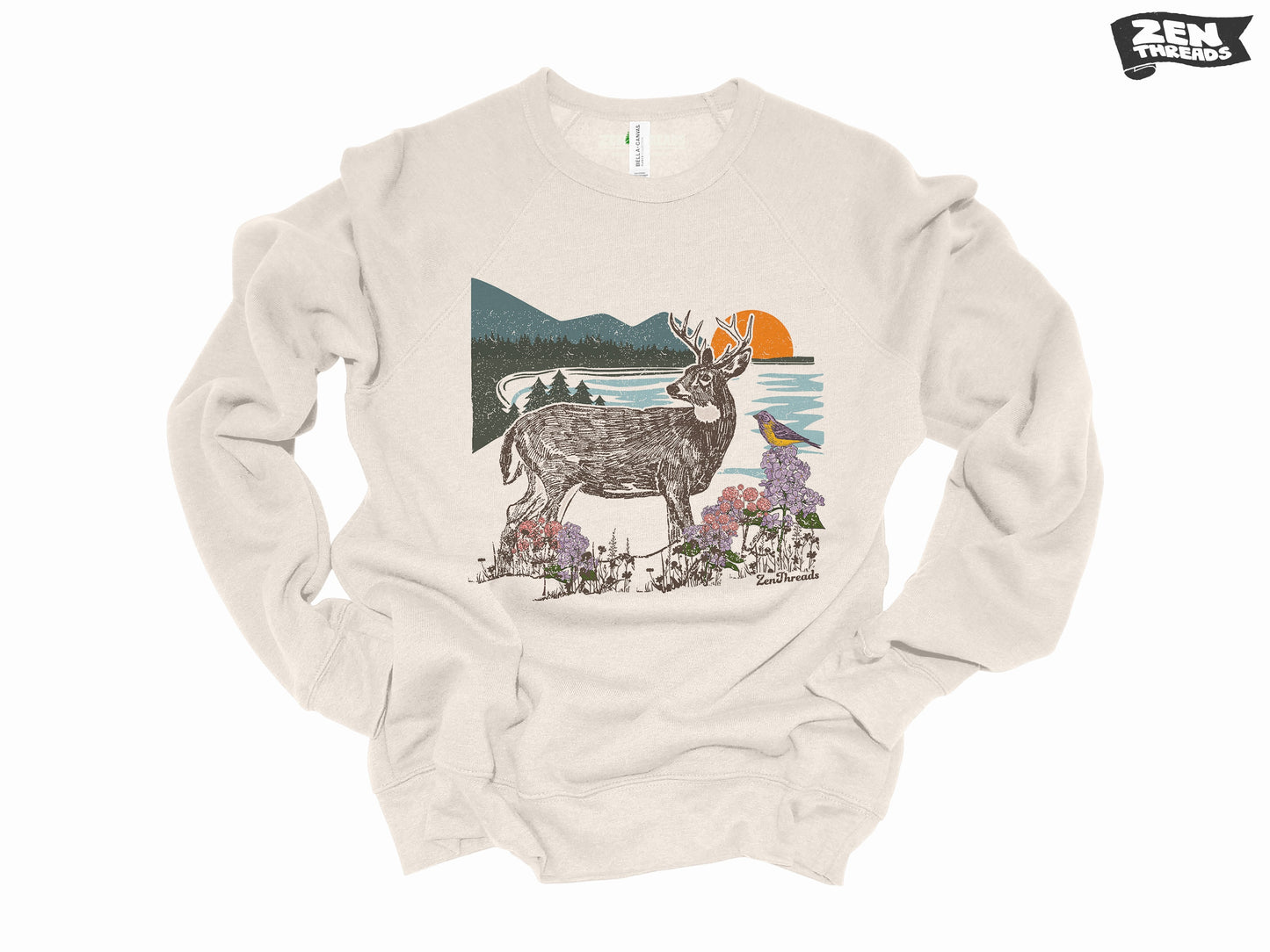 Unisex Fleece Crewneck Deer Landscape Super Soft Fleece Bella Canvas Sweatshirt mens womens vintage style 3901 nature hiking gift