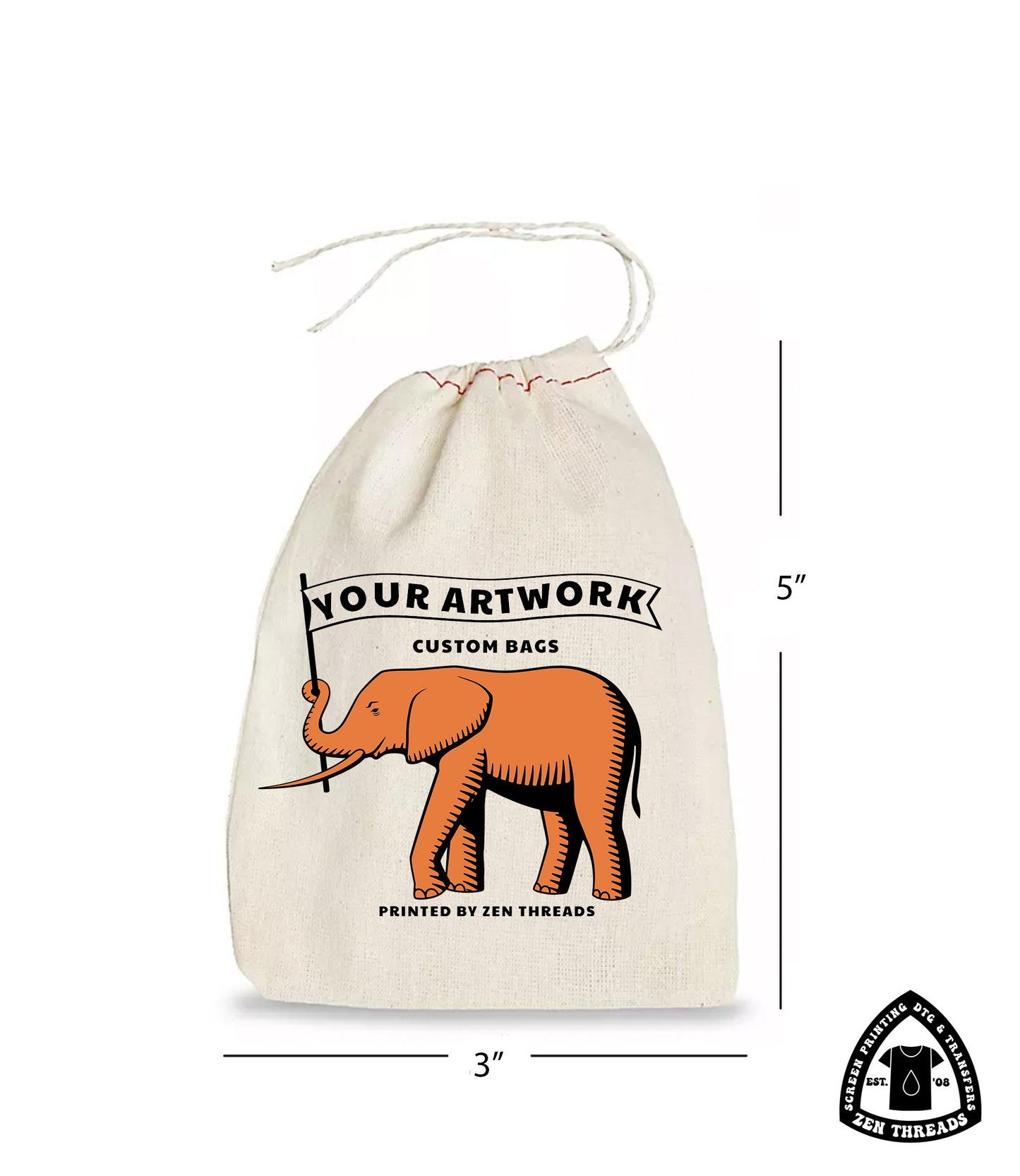 Your Custom Logo! GIFT BAGS Bulk Printed Drawstring Bags, Small Natural Cotton Eco Reusable Cloth for Promo, Crafters, Wedding, Party Favors