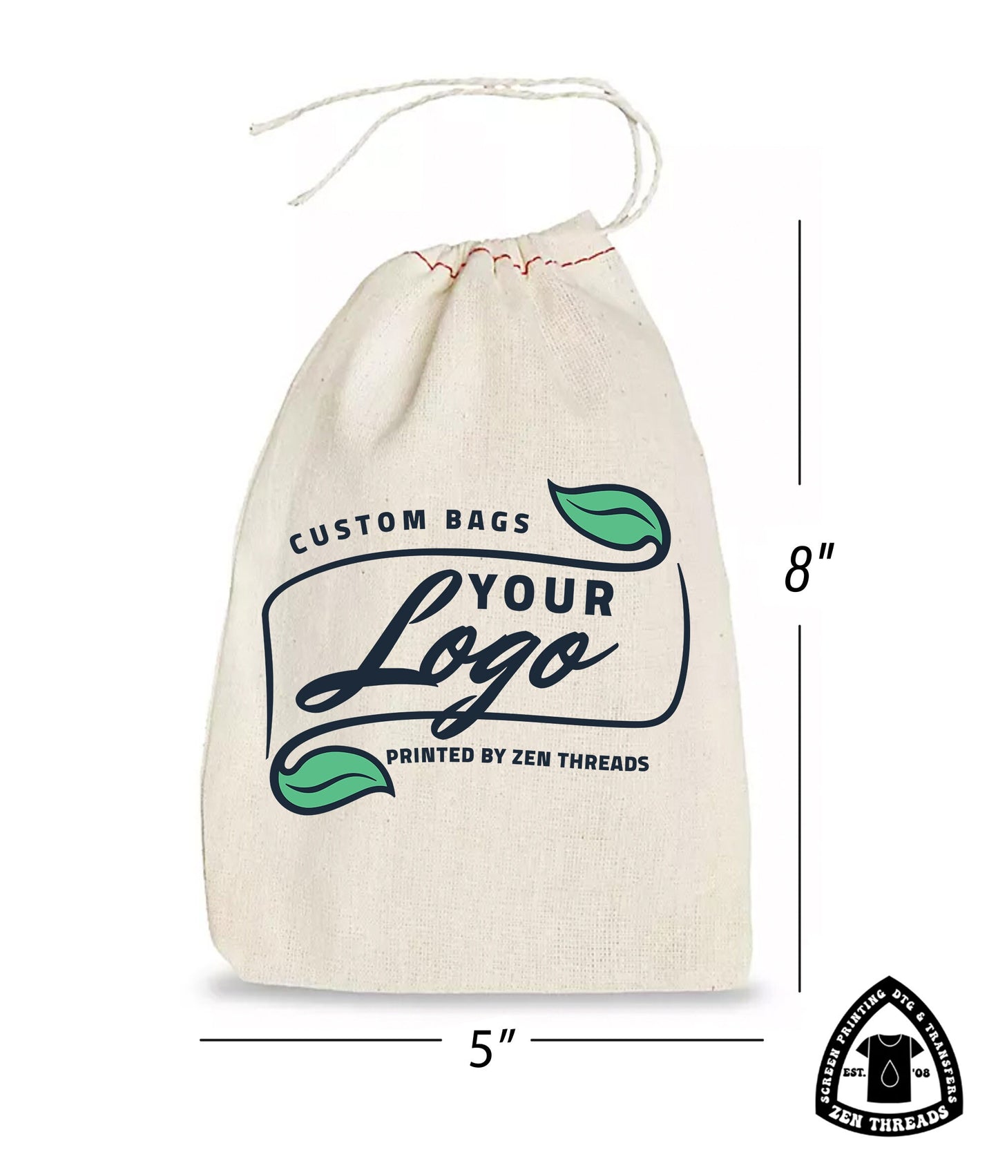 Your Custom Logo! GIFT BAGS Bulk Printed Drawstring Bags, Small Natural Cotton Eco Reusable Cloth for Promo, Crafters, Wedding, Party Favors