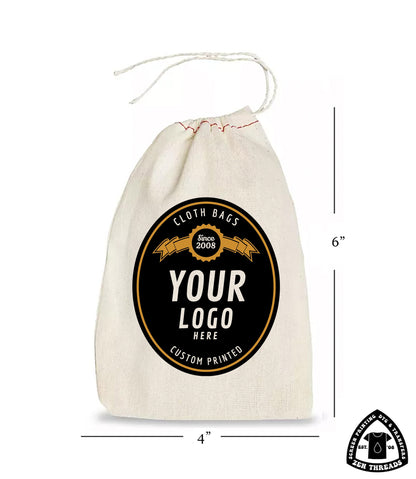 Your Custom Logo! GIFT BAGS Bulk Printed Drawstring Bags, Small Natural Cotton Eco Reusable Cloth for Promo, Crafters, Wedding, Party Favors