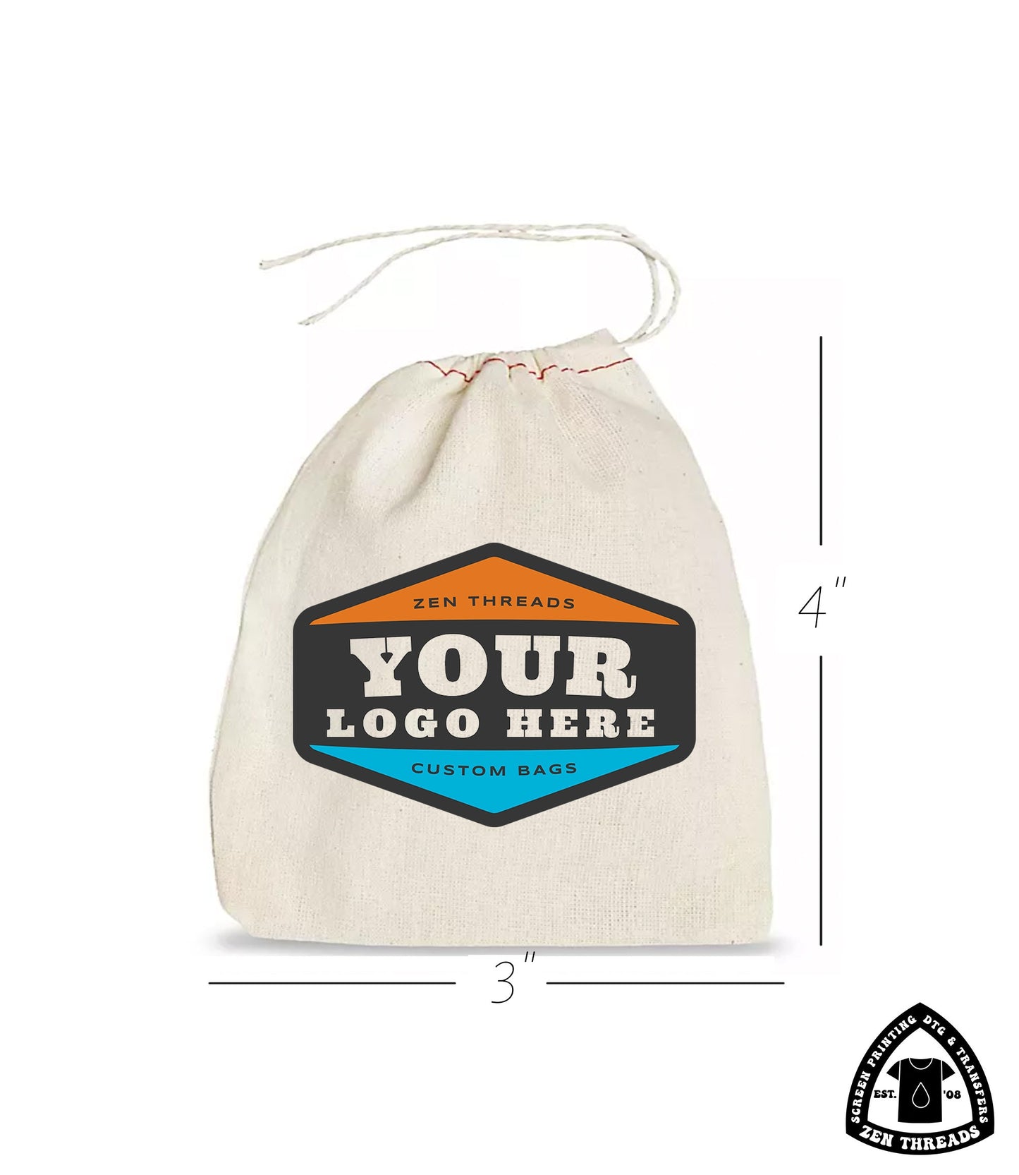 Your Custom Logo! GIFT BAGS Bulk Printed Drawstring Bags, Small Natural Cotton Eco Reusable Cloth for Promo, Crafters, Wedding, Party Favors