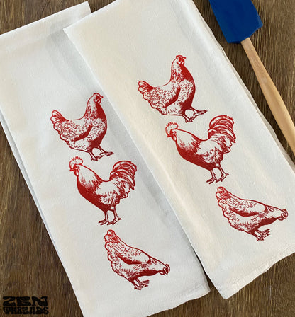 ROOSTERS Large 28x33" Flour Sack Towel Bar Kitchen Gift Organic Natural Cotton tea hen farm animal red bird country napkin housewarming