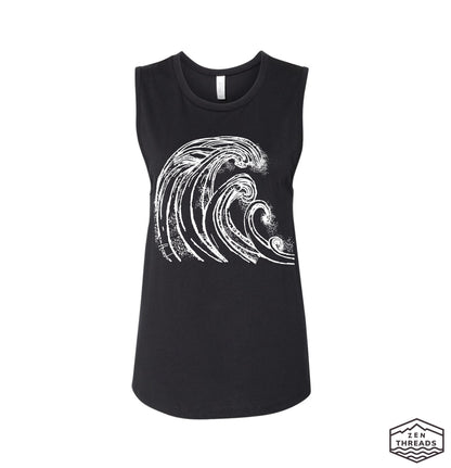 Womens WAVES Muscle Tank workout fitness tee ocean lover surf t-shirt surfer surfing California coast beach apparel wear top graphic coastal