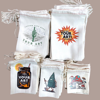 Your Custom Logo! GIFT BAGS Bulk Printed Drawstring Bags, Small Natural Cotton Eco Reusable Cloth for Promo, Crafters, Wedding, Party Favors