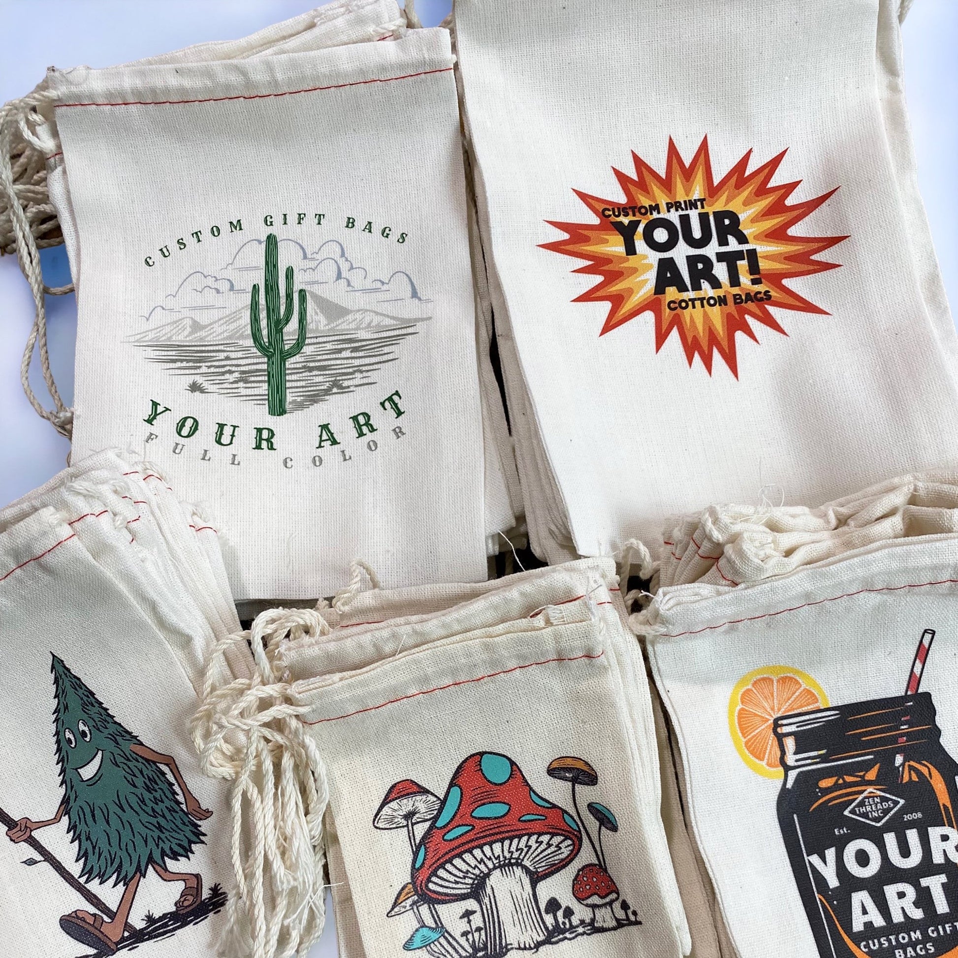 Your Custom Logo! GIFT BAGS Bulk Printed Drawstring Bags, Small Natural Cotton Eco Reusable Cloth for Promo, Crafters, Wedding, Party Favors