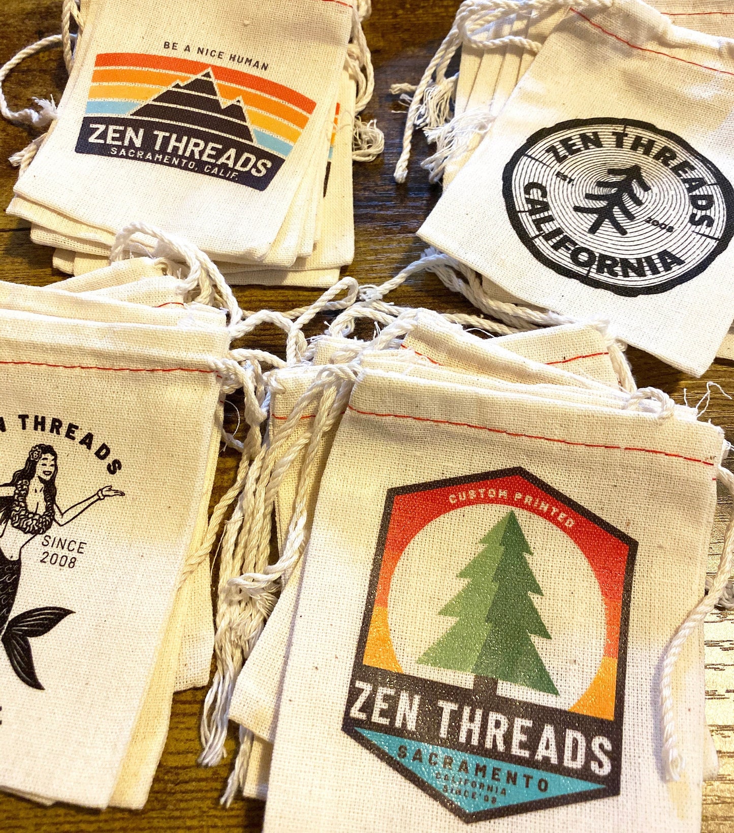 Your Custom Logo! GIFT BAGS Bulk Printed, Small Natural Cotton Eco Reusable Drawstring Cloth for Promo, Crafters, Wedding Party Favors small