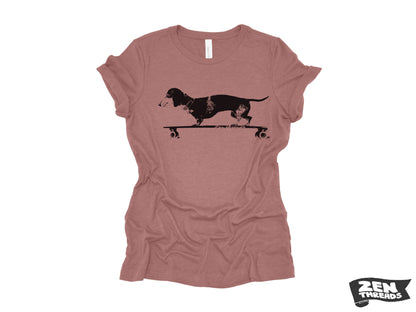 Womens Longboard DACHSHUND T Shirt eco soft printed (+ Colors Available) custom ladies relaxed crew tee doxie dog skating skateboard funny